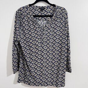 Lucky Brand Blue Printed Bohemian Top Size L Diamond Prairie 3/4 Sleeve Casual